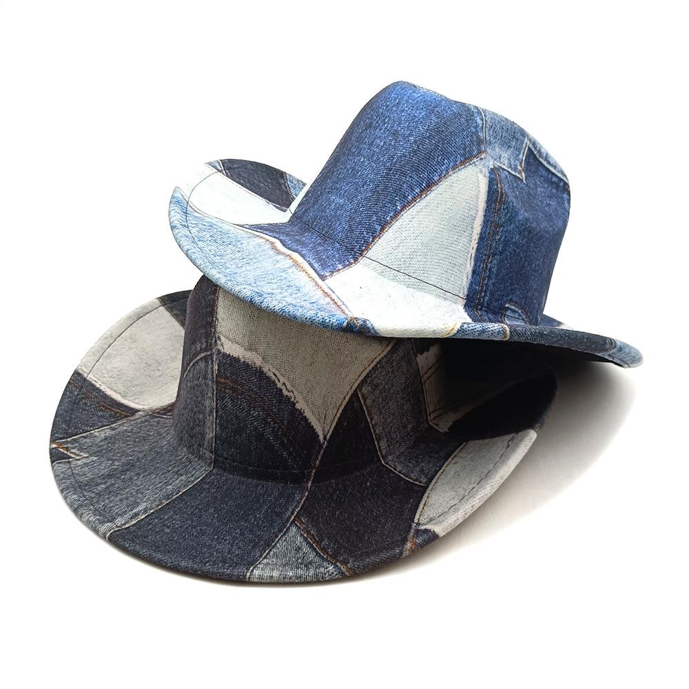 Nuovi Cappelli Top alla Moda in Denim Color Matching per Uomo Donna con Ampia Falda Fedora Cappello da Cowboy Western Autunno Inverno Elegante Cappello Jazz da Festa