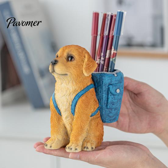 Hand Painted Dog Stationery Holder Golden Puppy Backpack Pen Holder, Cute Animal Storage Ornament, Resin Desktop Organizer, for Office And Study Craft