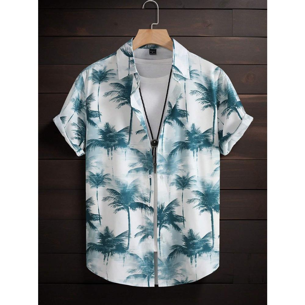 Hawaiian Color Coconut Tree Print Lapel Fashion Men's Shirt 2026 Men's Seaside Resort Casual Style Men's Short-sleeved Shirt