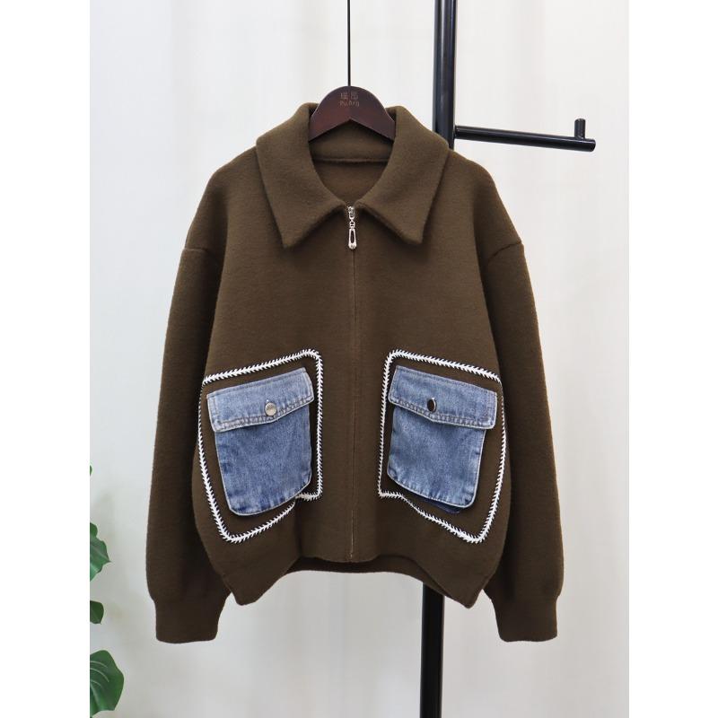 

Осень и зима новый джинсовый вязаный кардиган на молнии с двухсторонней шерстяной лацканом свитер куртка женская One size