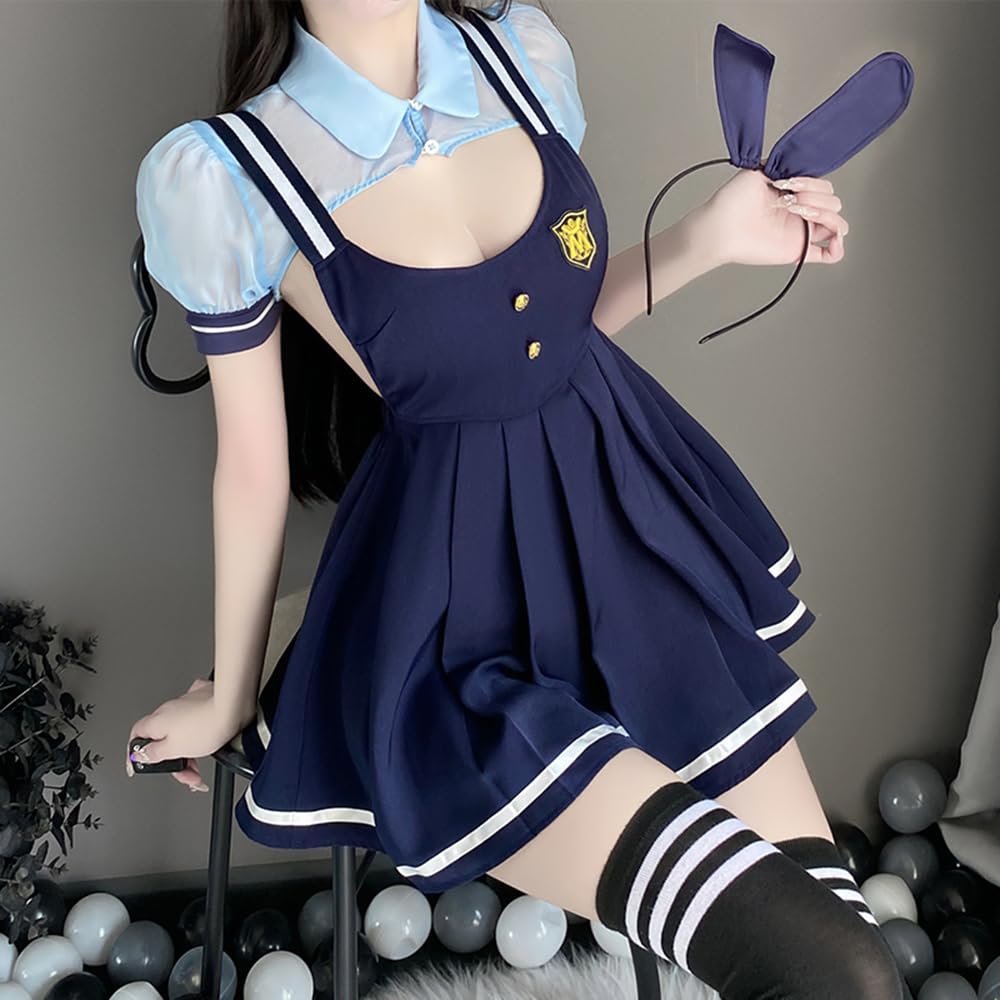 Bunny Girl Police Blue Stockings Open Chest Lingerie Babydoll Sexy Cosplay Reverse Bunny Rabbit Training Temptation Halloween Costume Cute Ladies