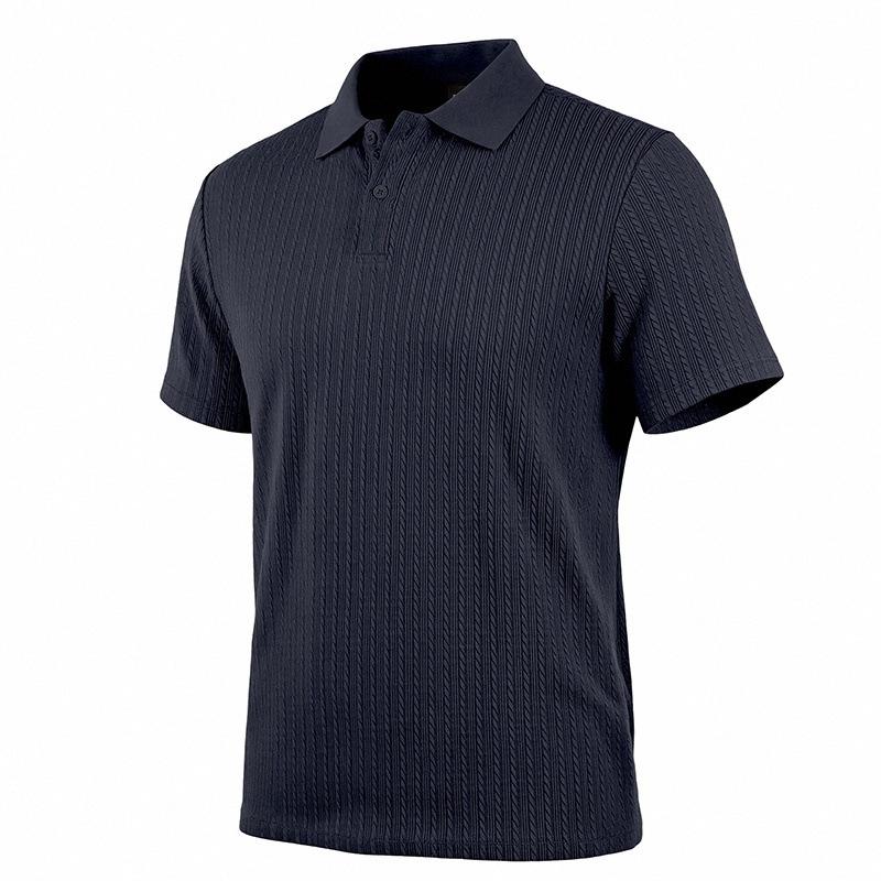 Men's Textured Vertical Stripe Polo Shirt - Summer Short Sleeve Lapel Tee, Breathable & Casual
