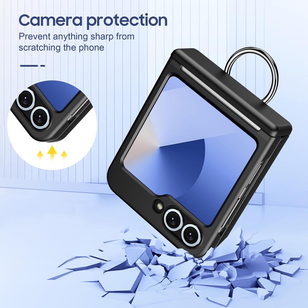 Samsung Galaxy Z Flip7 Case with Middle Axis Finger Ring, Card Holder, and Anti-Fall Protection, Compatible with Z Flip6