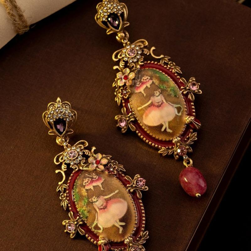 Medieval temperament versatile retro oil painting ballet girl stud earrings old flowers bee relief light luxury carved earrings