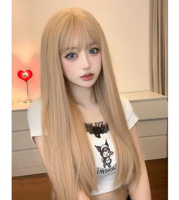Eileen Beige Wig Wig Straight Natural Harajuku Style Popular Small Face Effect Cute Net Included Medium-Long Women's