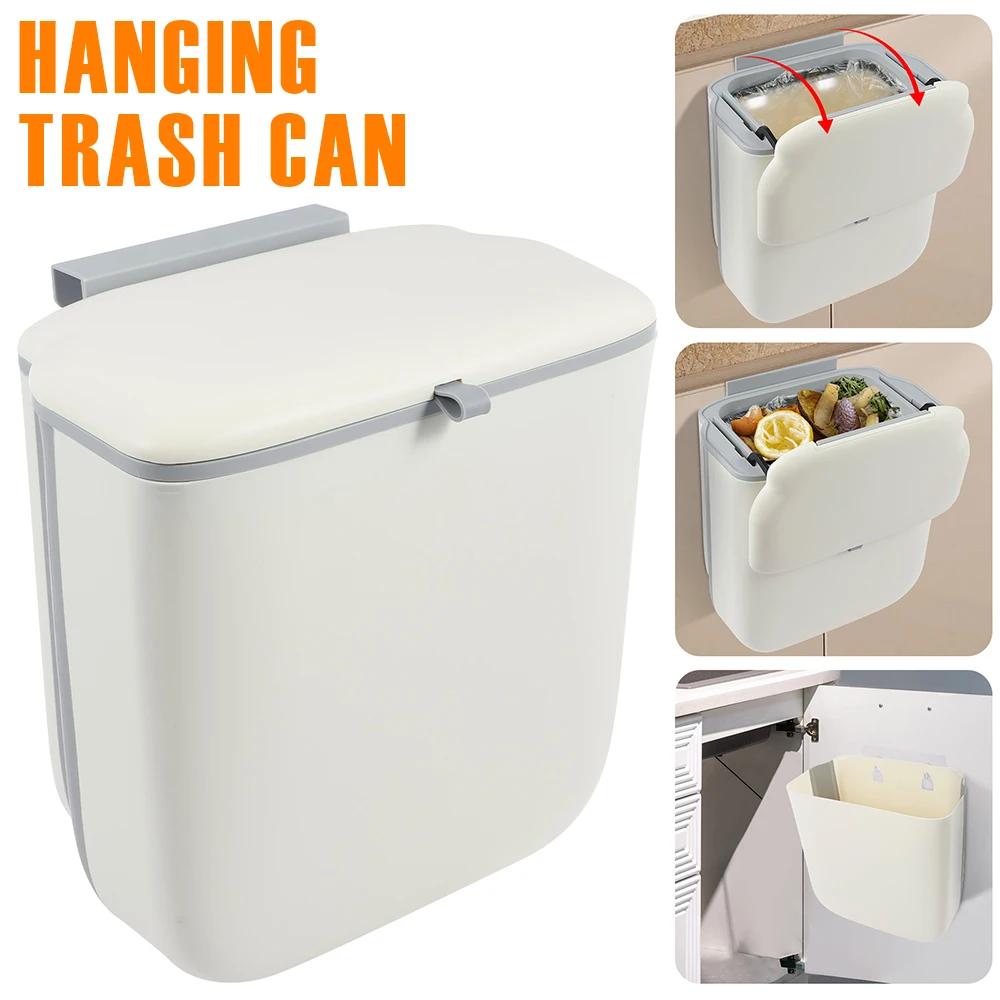 Hanging Trash Can Kitchen Food Compost Bin with Lid and Hidden Scraper Space Saving Foldable Wall Mounted Garbage Can for Home