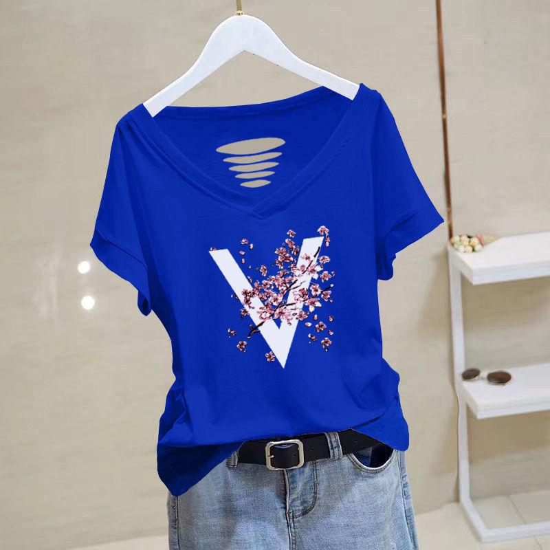 

Женская летняя блузка из чистого хлопка с V-образным вырезом и коротким рукавом, свободного кроя, 2025 XL [105-120 lbs]