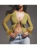 Women Spring Autumn Crop Tops Long Sleeve V-neck Lacing Feather Slim Fit Autumn Shirts for Club Party