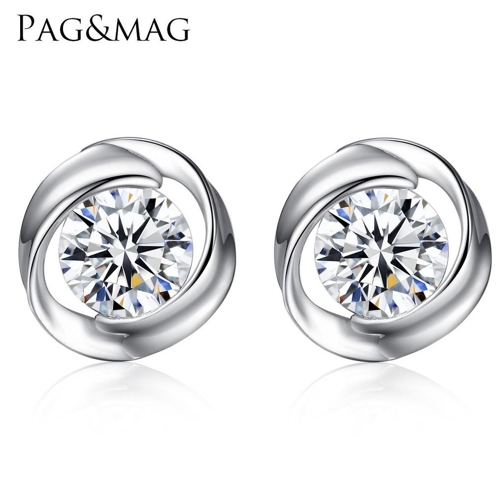 PAG&MAG Korean Style 925 Silver Stud Earrings with Round Zircon and Rotating Pinwheel Design for Women