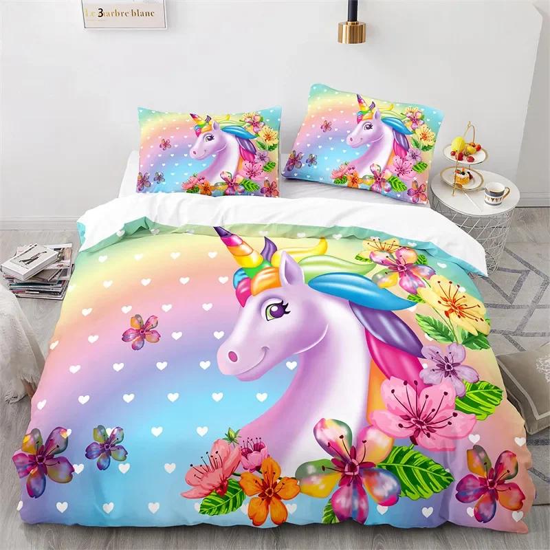 Cartoon Unicorn Duvet Cover Floral Rainbow Quilt Cover Microfiber 3D Girl's Eyelash Bedding Set Full For Kids Teen Kawaii Room