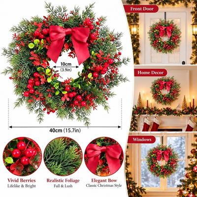 Bowknot Christmas Door Wreath Red Berries Artificial Holiday Wreath  Holiday Party Decor