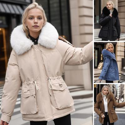 Chaqueta de algodón de invierno para mujer, capucha peluda, felpa gruesa, mangas largas, cintura elástica, bolsillos, cierre de cremallera, abrigo de longitud media, resistente al viento, abrigo cálido