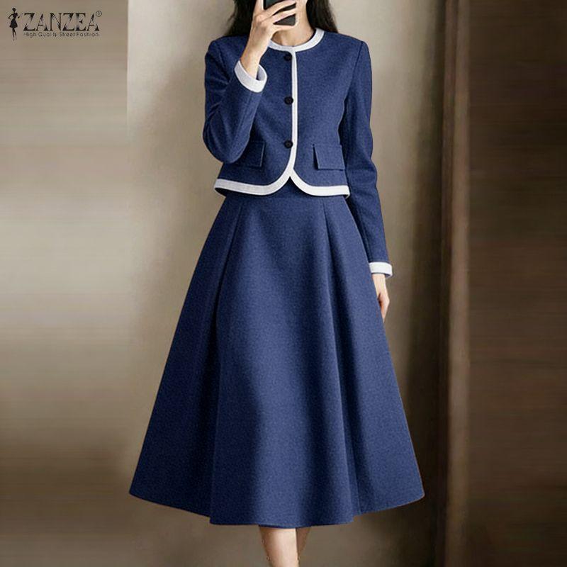 ZANZEA Women Elegant Outfits Long Sleeve Blouse and Skirts Casual Two Piece Suit Sets