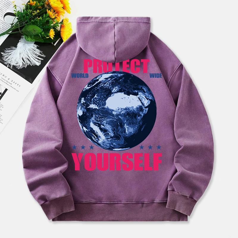 Protect World Wide Yourself Washed Hoodies Women Planet Prints Cotton Hoodie Pocket Oversize Winter Womans Clothes