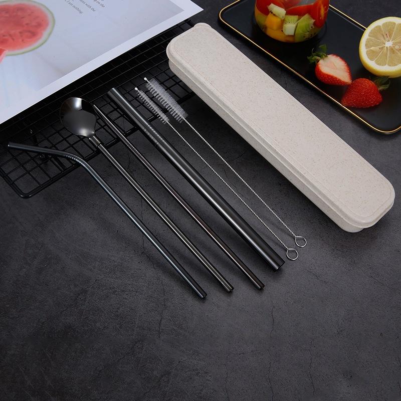 NEW Drinking Straw Stainless Steel Straw Set Straw Spoon with Brushes Box