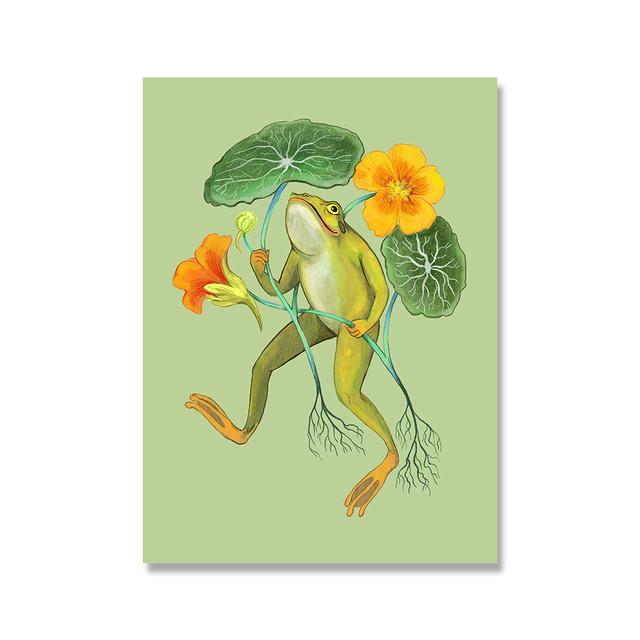 Funny Vintage Poster Frog Ride Bicycle Art Print Mushroom Strawberry Flower Dandelion Wall Art Canvas Painting Home Decor No Frame