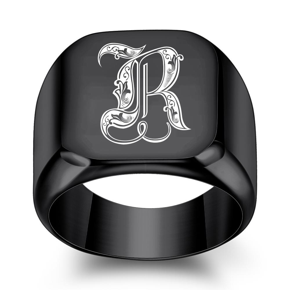 

Персонализированное кольцо-печатка из нержавеющей стали с гравировкой букв от A до Z, черное, гладкое, мужское 9