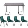 Dining Set (5-piece), Dining Table with 4 Chairs, 140×80cm Kitchen Table with Black Metal Legs, MDF Tabletop In Grey, Dark Green Velvet Dining Chairs