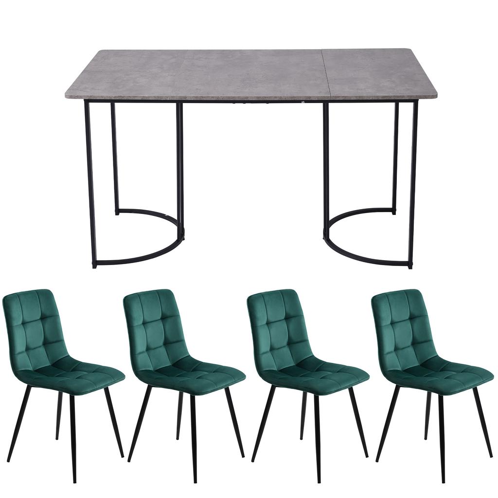 Dining Set (5-piece), Dining Table with 4 Chairs, 140×80cm Kitchen Table with Black Metal Legs, MDF Tabletop In Grey, Dark Green Velvet Dining Chairs