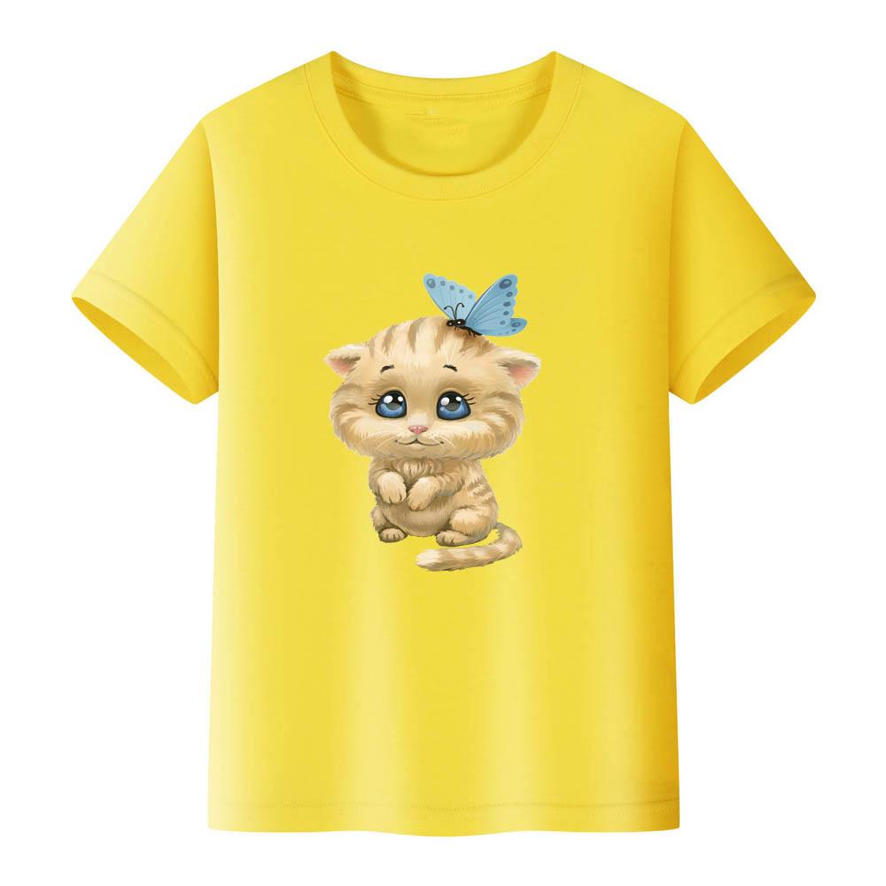 100% Cotton Girls' T-shirt Cute Cat and Penguin 2D Print Short-sleeved Casual Top for Children, Suitable for Both Boys and Girls