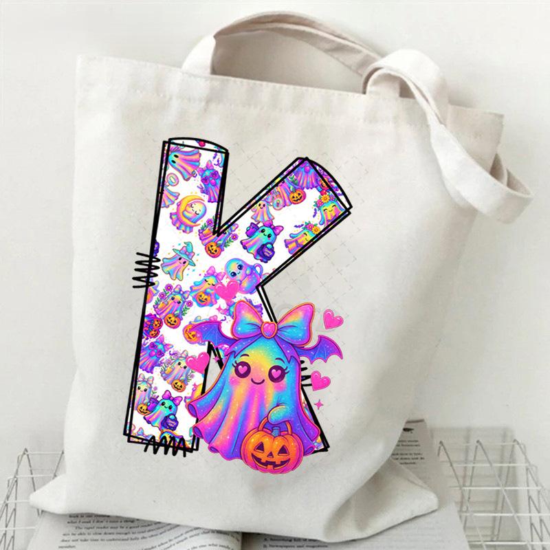 Halloween Alphabet Canvas Bag Going Out Portable Handbag Women's Large Capacity Casual Shoulder Crossbody Bag
