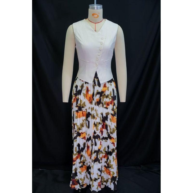 

Fashion Style New Arrival V-neck Buttons Vest Top Print Pleated Dress Suit Vest and Skirt Set White Suit XL