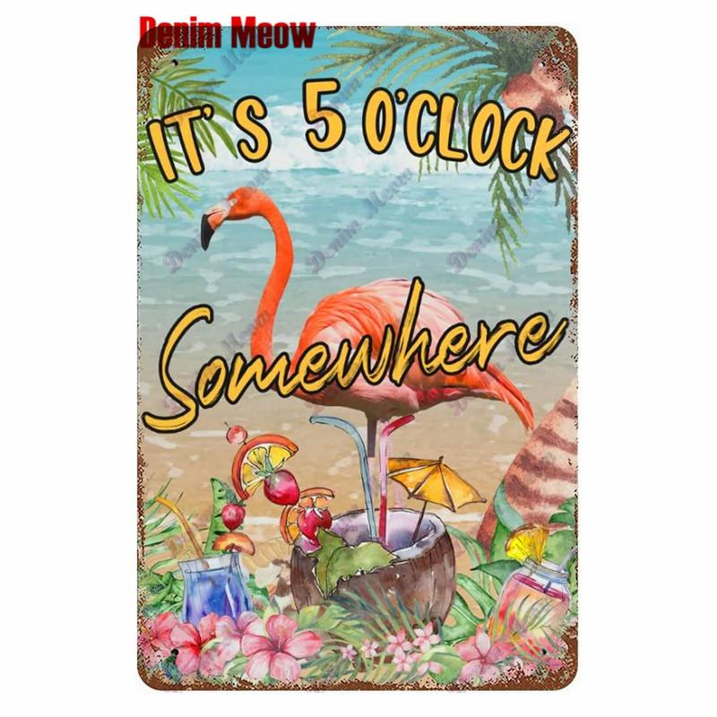 Metal Tin Sign Wall Decor, Vintage Parrot Cocktail Bar Plates, Kitchen Painting Decor, It's 5 O'clock, WY23