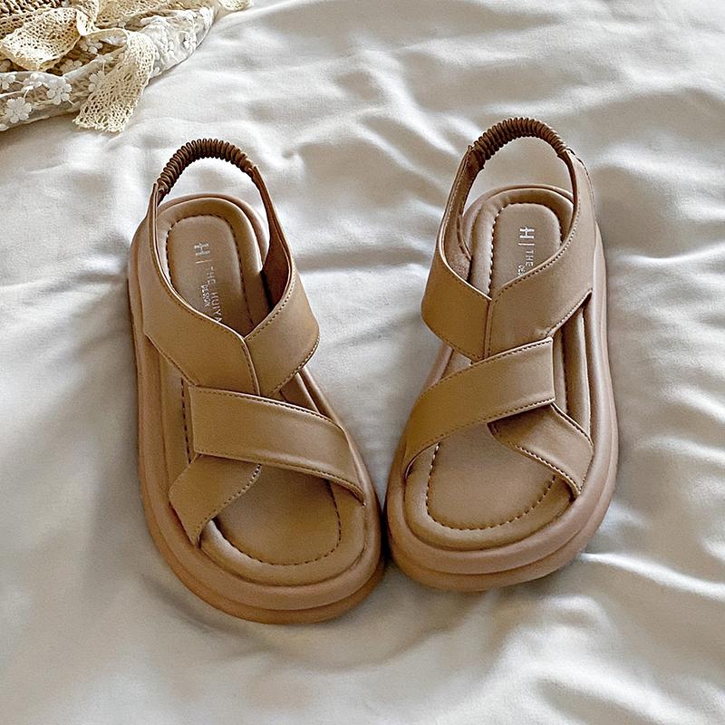 Fashion Female Sandal Comfort Shoes for Women Clogs with Heel Cross 2024 Summer Muffins Shoe Girls Beige New Velvet Thick Low Beach Fash