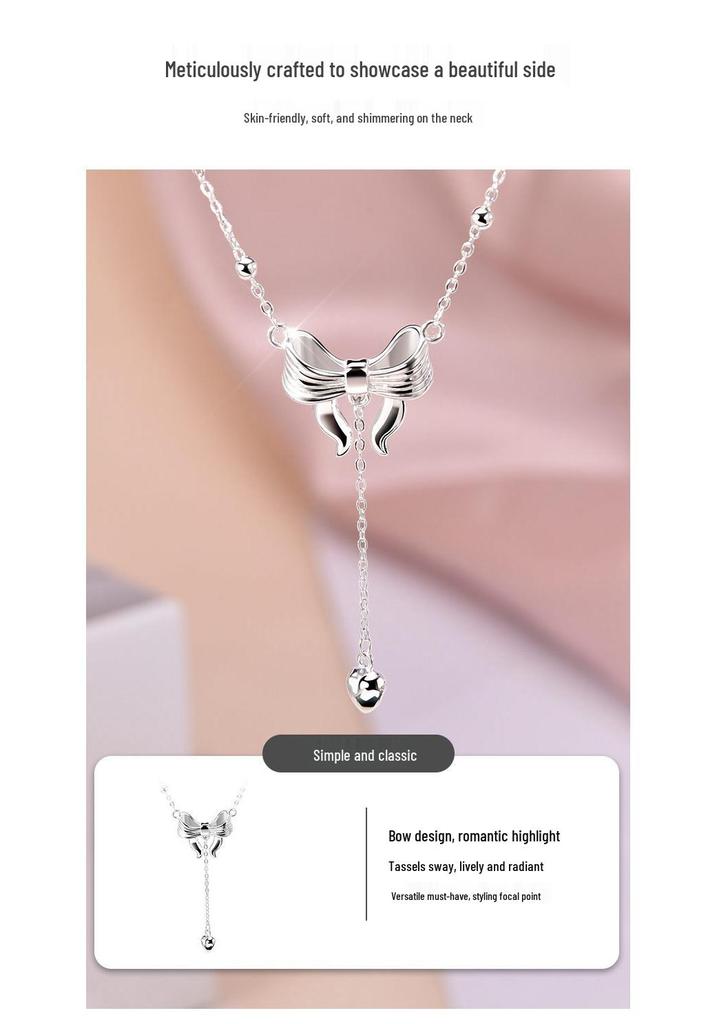 Original Design S925 Sterling Silver Bow Tassel Necklace for Women - High-End 2025 Style Clavicle Chain Accessory