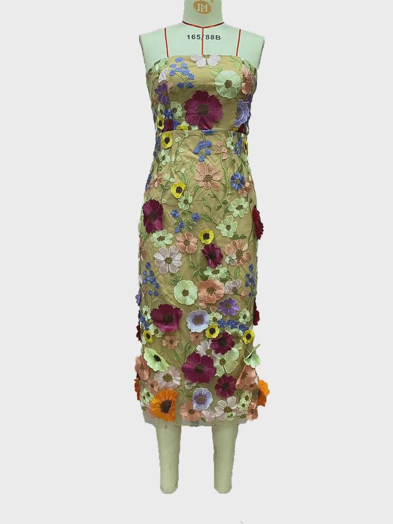 2025 Europäisches und amerikanisches sexy ärmelloses Midikleid mit bunter 3D-Blumenstickerei