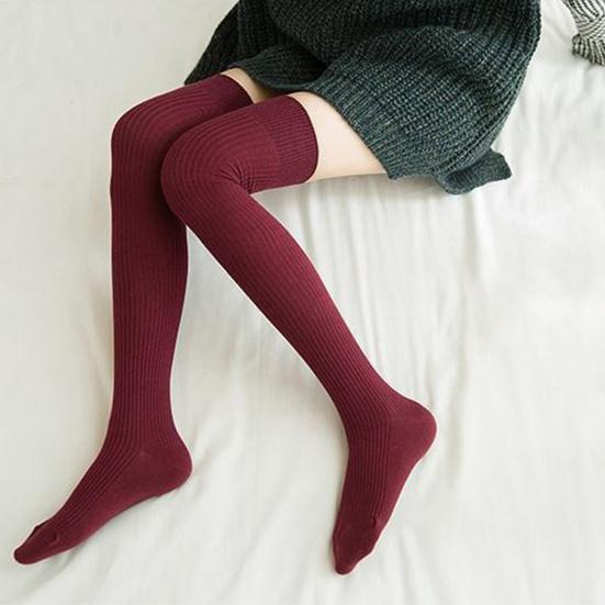 1 Pair Women Socks Vertical Stripe Solid Color Thigh High Long Tube Spring Autumn Good Stretch Beauty Leg Stockings Streetwear