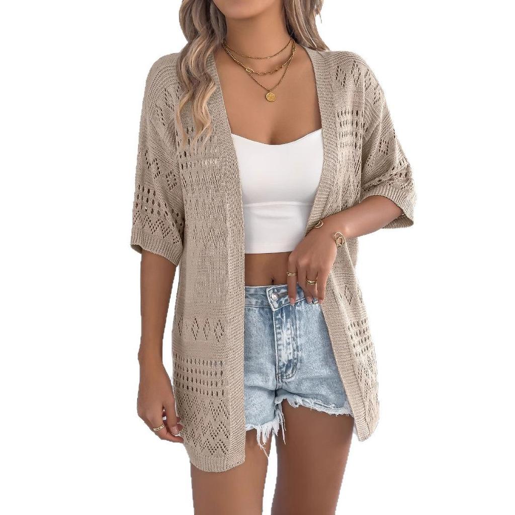 HNXC Spring and Summer Casual Solid Color Cut-out Mid-sleeved Knitted Sweater Vacation Cardigan Women's Wear