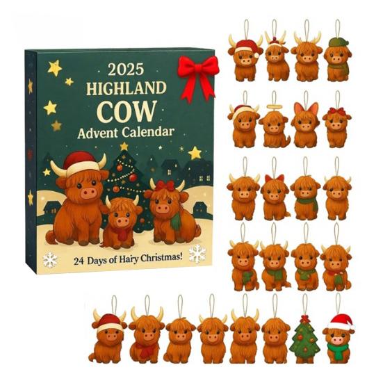 Yousheng Highland Cow Advent Calendar 2025 Cute Highland Cow Ornaments 24-Day Christmas Countdown Surprise Gifts for Christmas Tree Home Decor