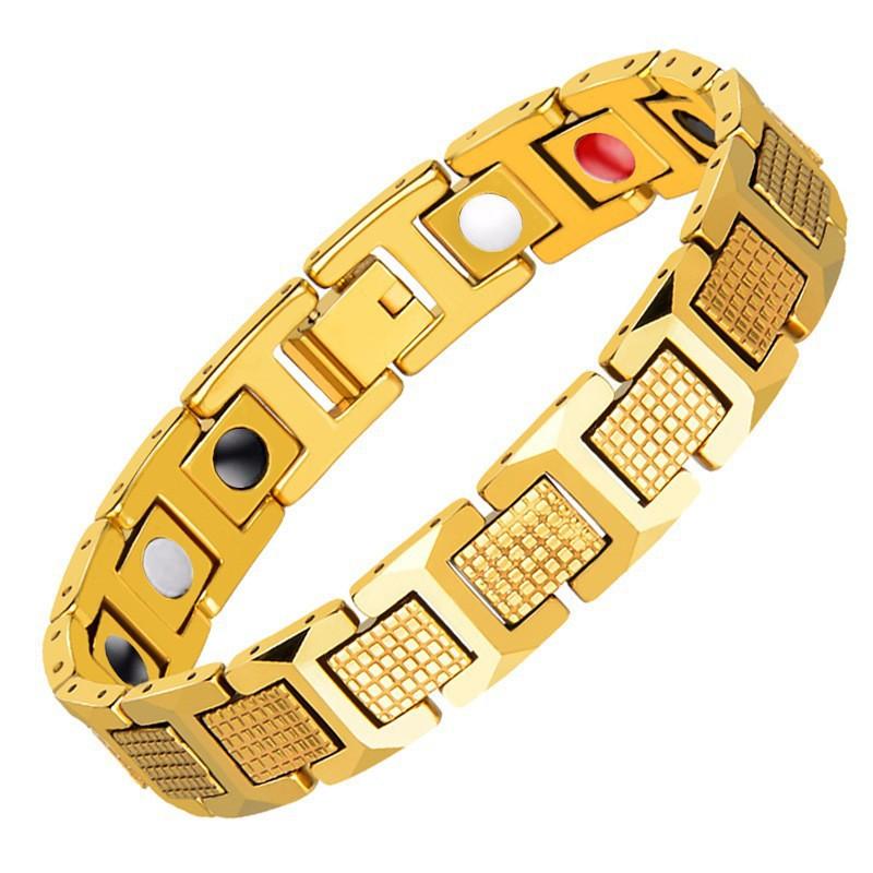 Geometric I-Beam Design Magnetic Therapy Bracelet Men Titanium Steel Adjustable Health Wristband Black Gold
