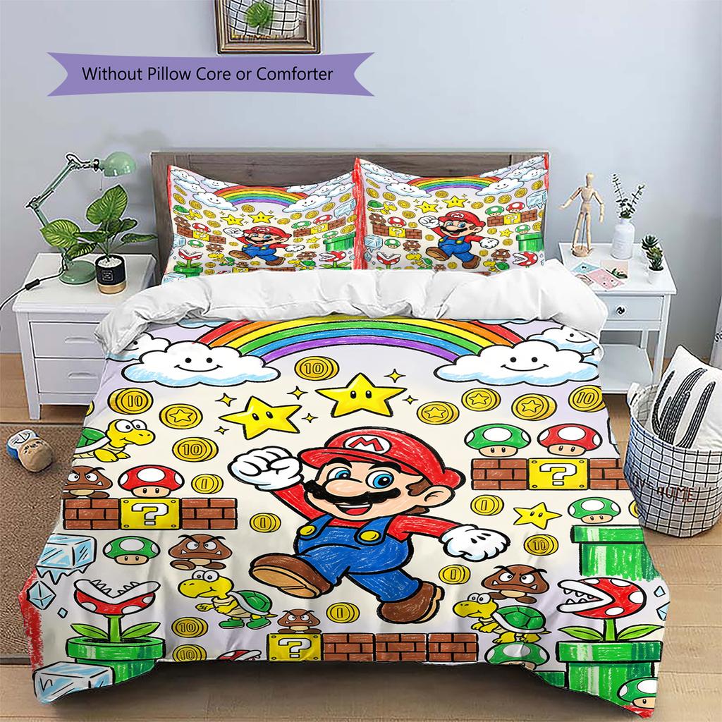 Mario Crayon Drawing Style Duvet Cover & Pillowcases, Mario Fan Hand-drawn Bedding, Great Gift.chl