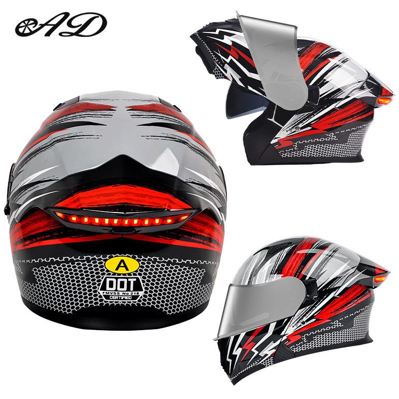 Unisex Full Face Flip-Up Motorcycle Helmet with LED Taillight, All-Season, 3C/DOT Certified