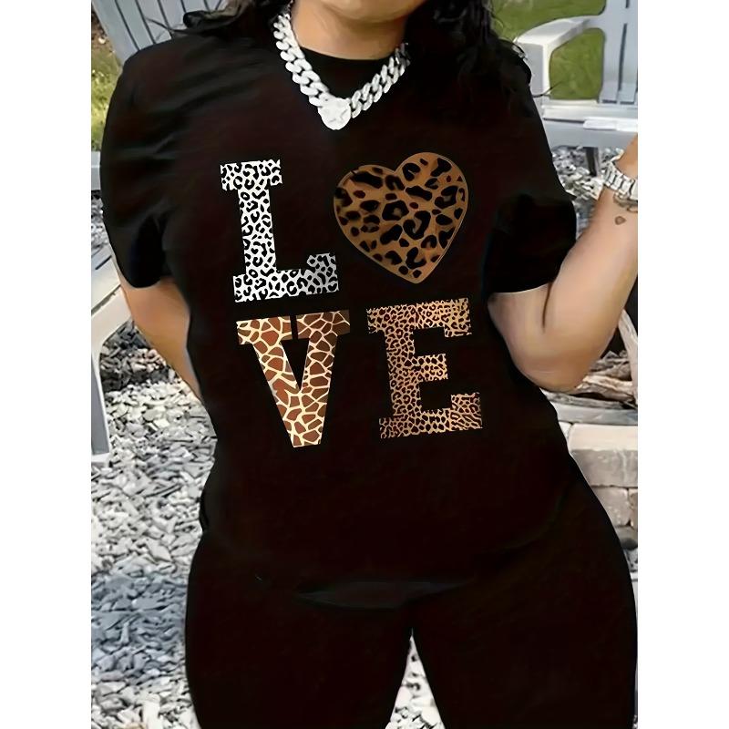 

European Size Womens Black Leopard Print LOVE Graphic Tee Heart Design Stretchy Round Neck Top Machine Washable All Season Comfort Fit Casual 4XL чорний