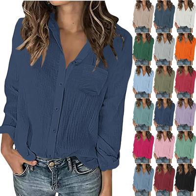Women's Fashion Casual Color Split Button Long Sleeve Shirt Top