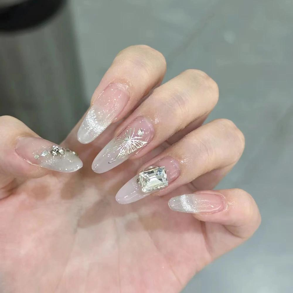 10Pcs Handmade French Gradient Cat Eye Press On Nails With 3D Butterfly Diamond Flowers Long Coffin Almond Shape