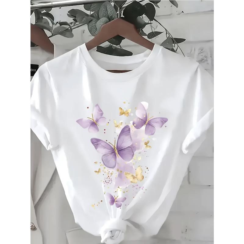 

European size Affordable And Stylish Short-Sleeve Summer T-Shirt for Women Featuring a Bright Purple Butterfly Print And a Fitted Round Neck. 4XL