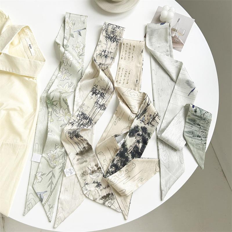 Spring silk scarf women's fashion versatile temperament scarf silk scarf small long streamer tied bag ribbon decoration