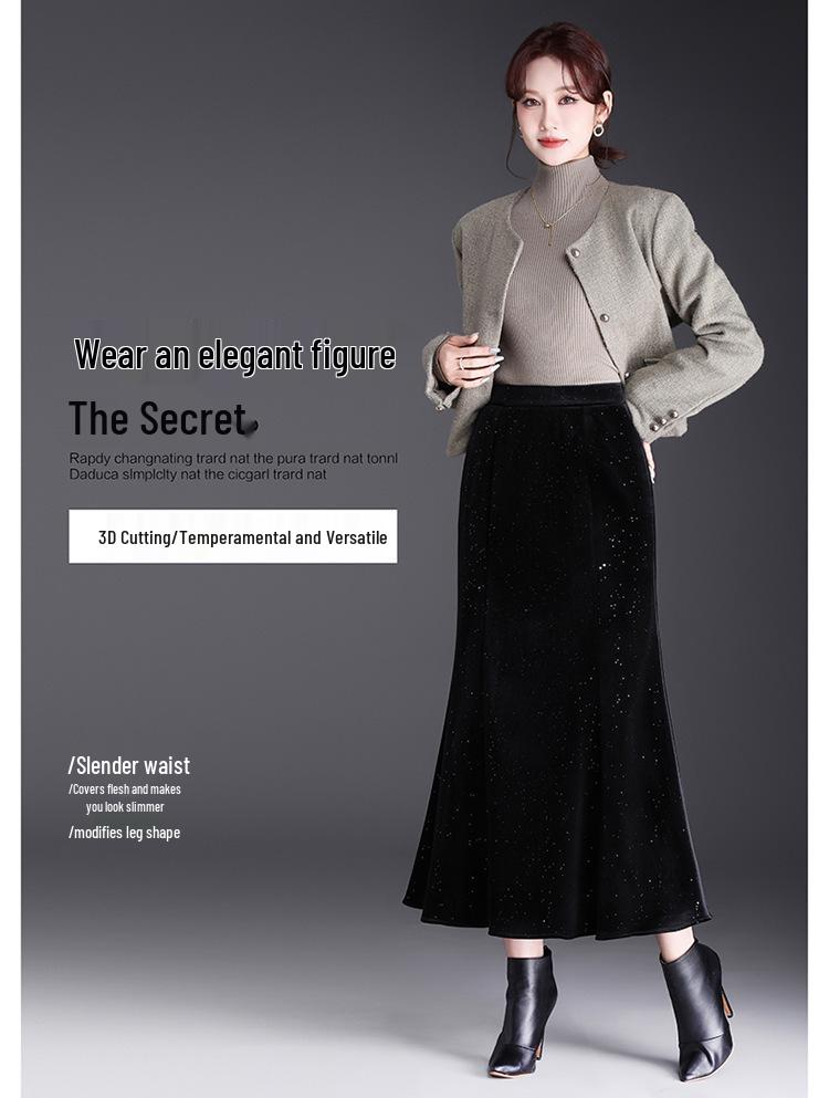 Sequined Velvet Fishtail Midi Skirt - 2026 Spring Fashion