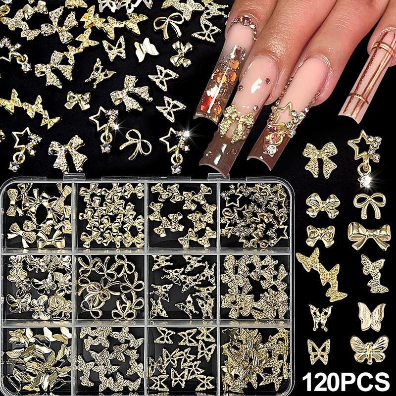 120pcs Bow Charms Nails Rhinestones for Nails Rhinestones Crystal Mini Ribbon Parts Nail Art Supplies MJZ11