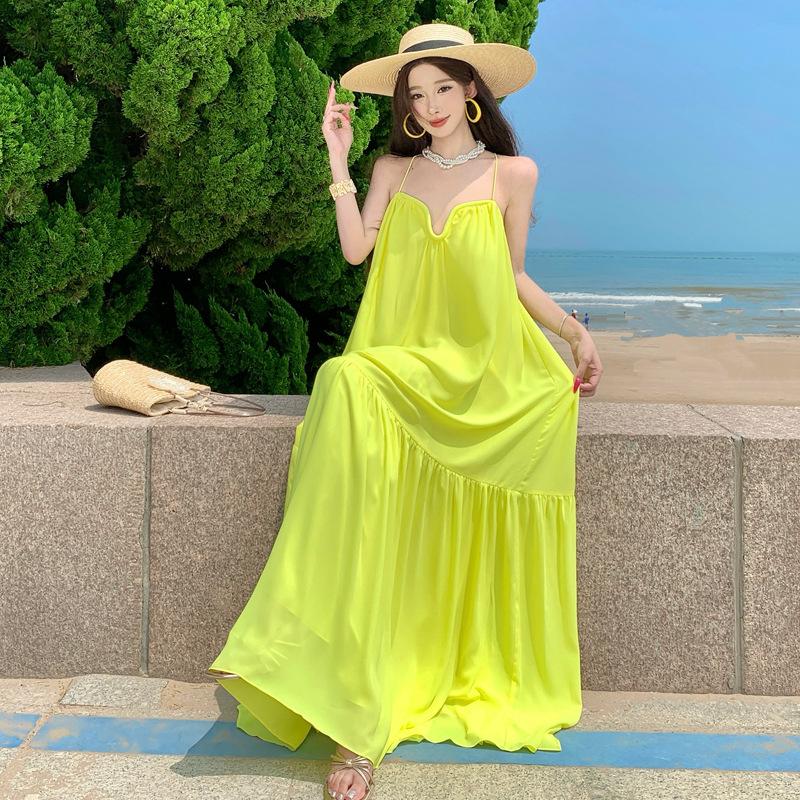 

Bali Beach Skirt Women s Seaside Vacation Phuket Elegant Skinny Suspender Backless Irregular Dress Fairy S неоновый жёлтый