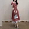 Large size red plaid dress for women's summer belly covering and thin lace splicing sweet a-word skirt