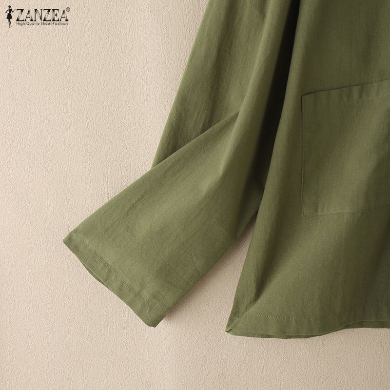 ZANZEA Women Casual Round Neck Solid Color Long Sleeve Cotton Blouse