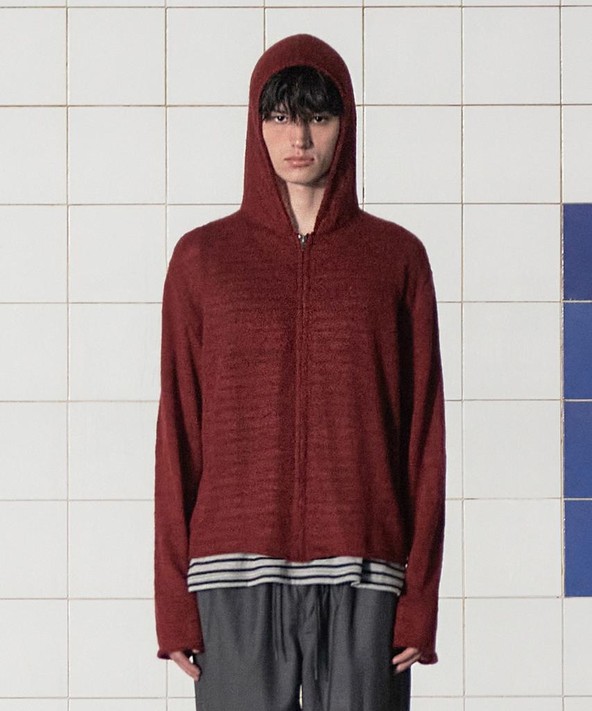 Unalloyed Argyle Elbow Knit Zip-Up Hoodie / Burgundy