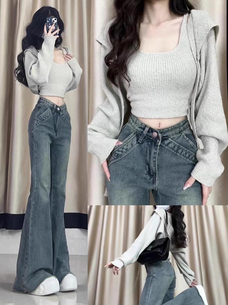 

2026 Spring/Autumn Retro Frayed Micro-Flare Jeans for Plus Size Women and Curvy Girls - Irregular Spicy American Style Pants M [100-110 lbs]