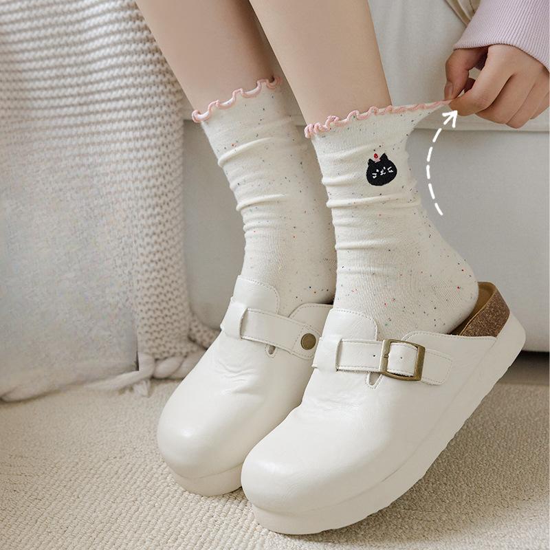 Embroidered Socks for Women, Spring and Autumn Mid-calf Socks, Black Fungus Lace Long Socks, Sweat-absorbing Pile Socks, Cute Boneless Socks