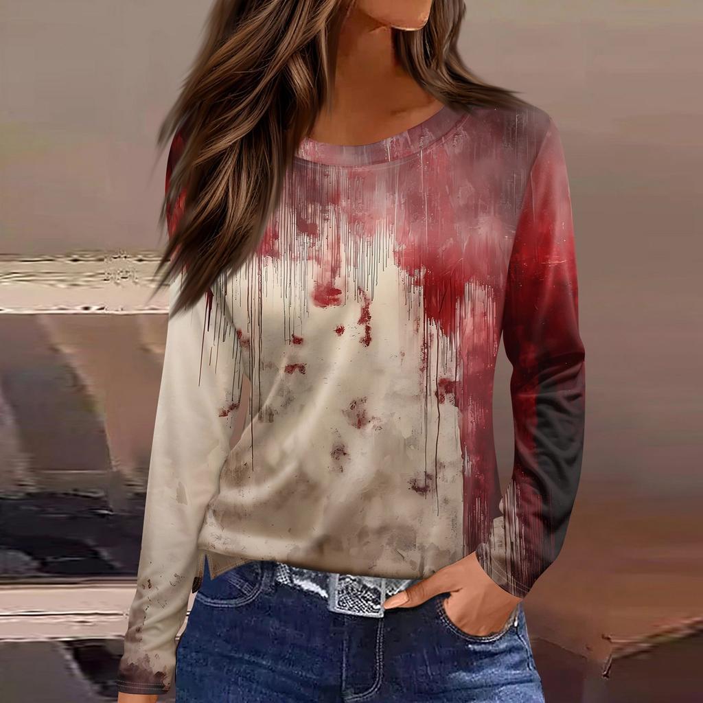 Women's Fashion Casual Slit Hem Round Neck Long Sleeve Loose Halloween Printed T-Shirt Ladies Top